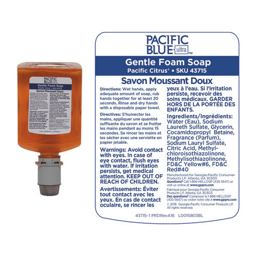 Pacific Blue Ultra Foam Soap Manual Dispenser Refill, Pacific Citrus, 1,200 Ml, 4/carton