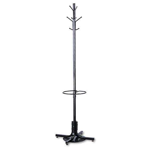 Metal Costumer With Umbrella Holder, Four Ball-tipped Double-hooks, 21w X 21d X 70h, Black
