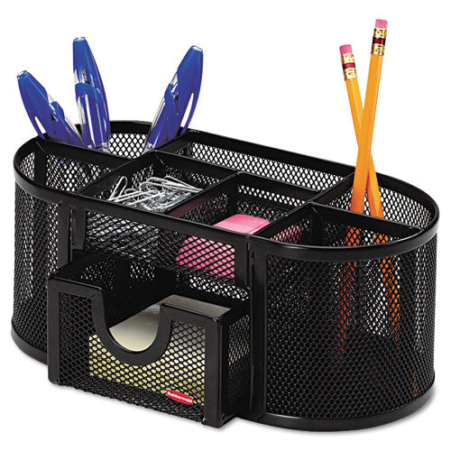 Mesh Oval Pencil Cup Organizer, 4 Compartments, Steel, 9.38 X 4.5 X 4, Black