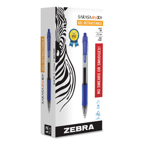 Sarasa Dry Gel X20 Gel Pen, Retractable, Medium 0.7 Mm, Blue Ink, Translucent Blue Barrel, 12/pack